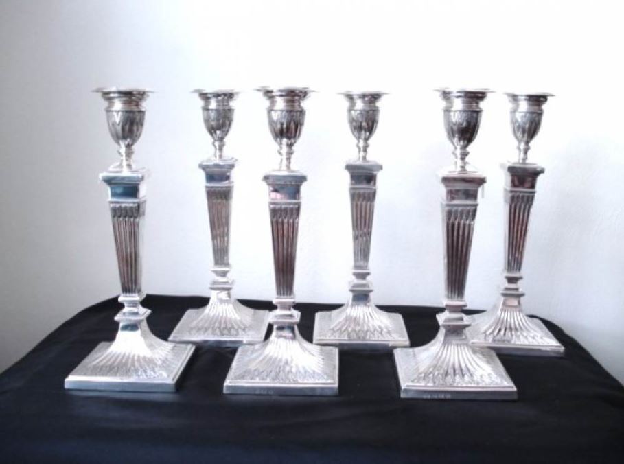Zilveren Kandelaars - Verkocht Set van 6 zilveren antieke kandelaars