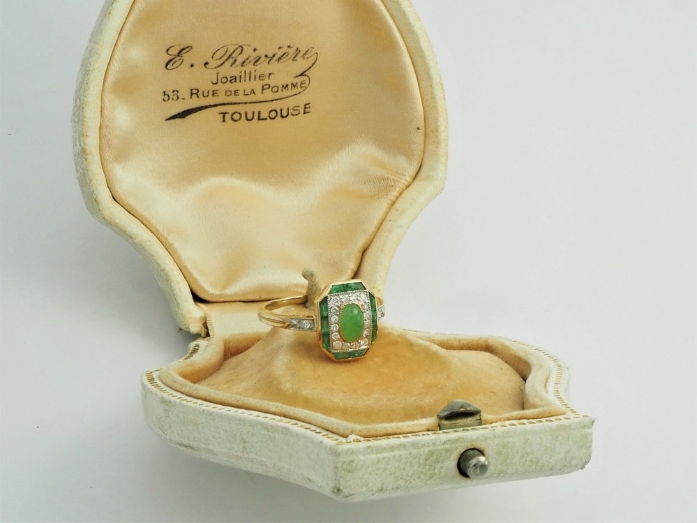 Antieke ringen - Gouden ring jade briljant